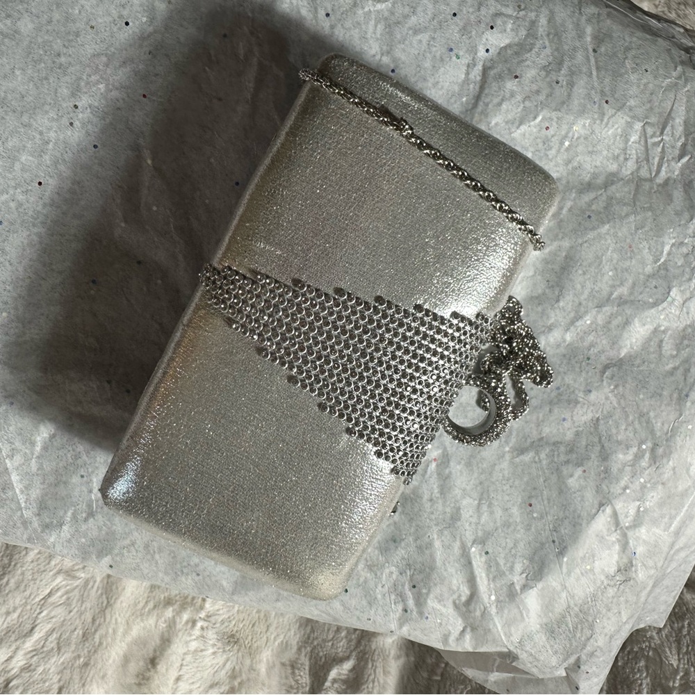 Silver Metallic Beaded Clutch Bag with Chain Evening Purse